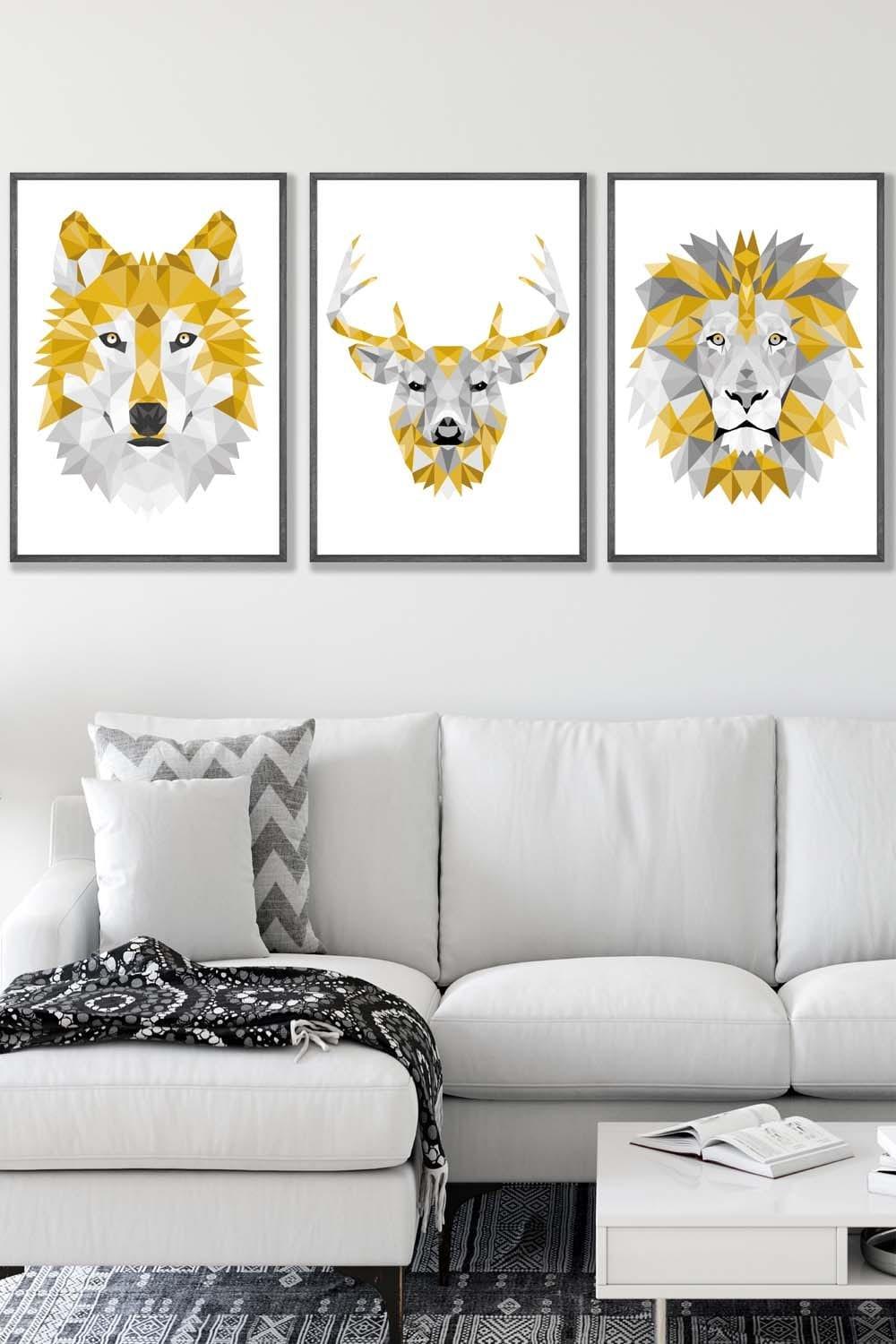 Geometric Yellow Grey Animal Heads Framed Wall Art - Large